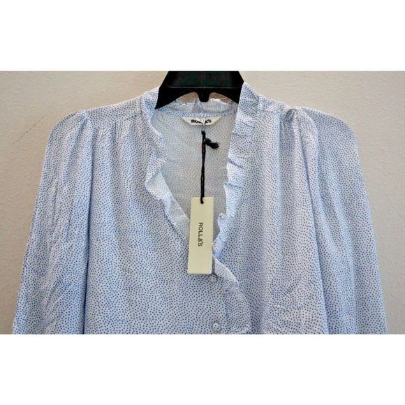 Rolla's 12963 Women's Sz S French Blue Mini Spot Ruffled Button Up Lily Blouse - Picture 3 of 11